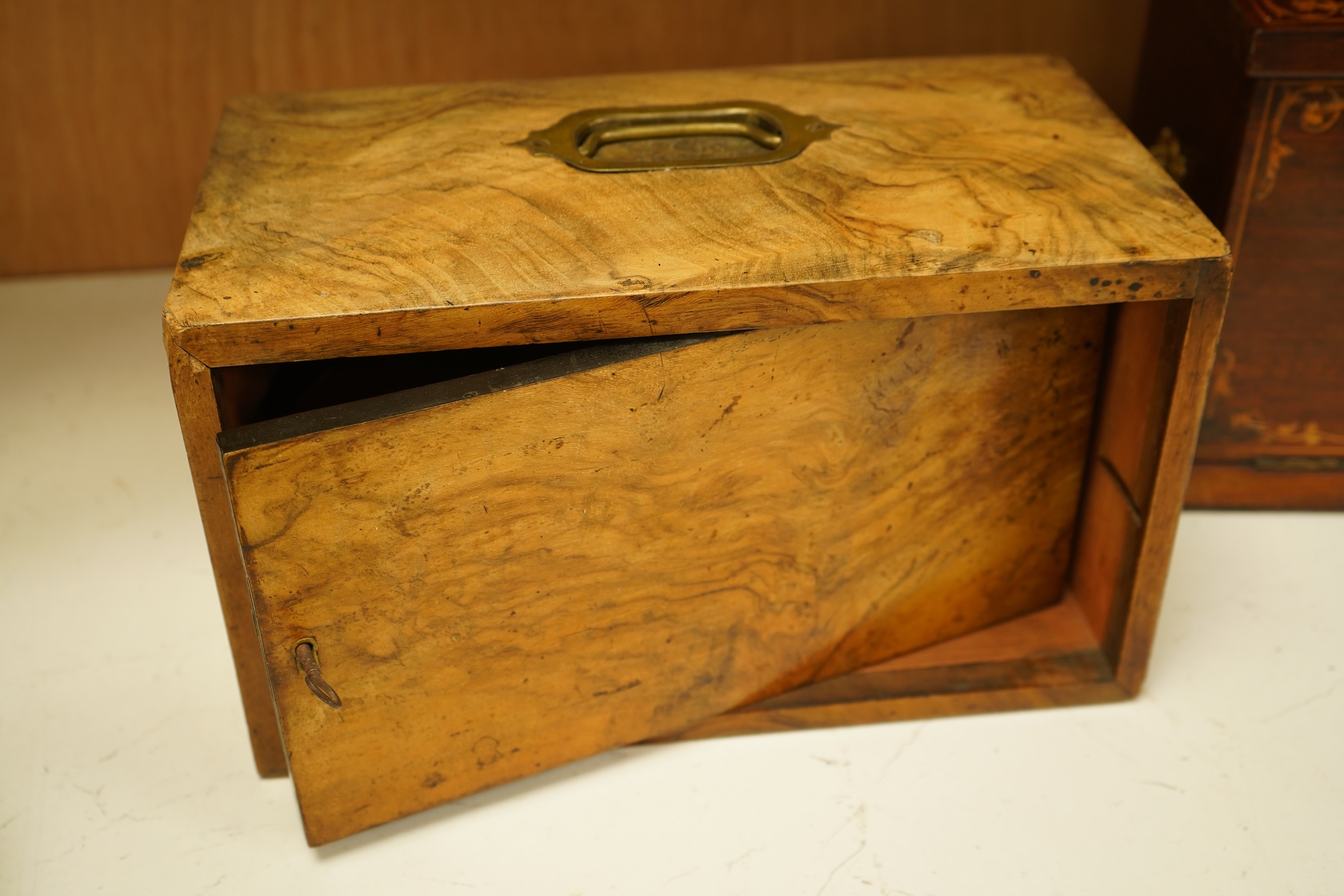 An Edwardian inlaid mahogany writing casket with fitted interior and a late Victorian faded walnut cigar box, largest 32cm wide